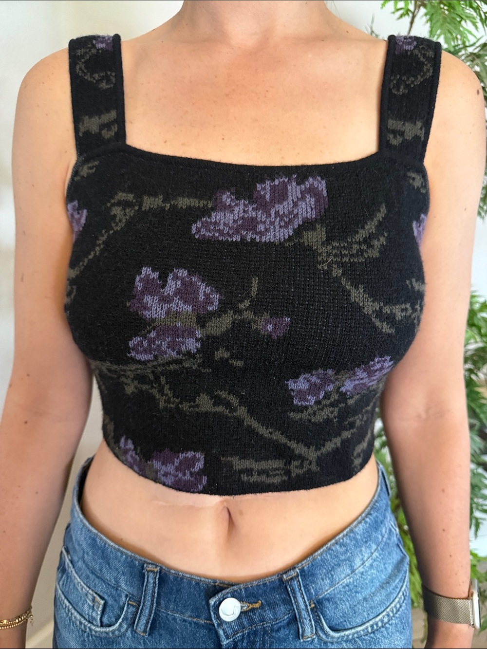 Vince Black Floral Square-Neck Crop Tank Top